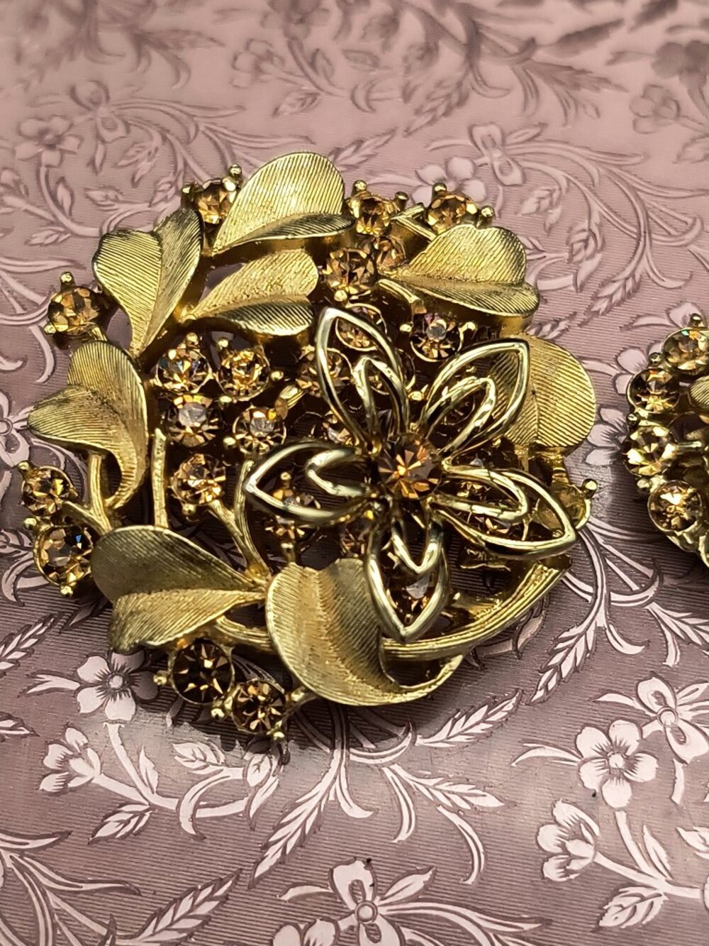 Vintage Avon of Belleville Gold‑Tone Floral Rhinestone Demi‑Parure (#3607, 3605)